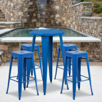 Flash Furniture CH-51080BH-4-30SQST-BL-GG 24" Round Bar Table Set with 4 Square Seat Backless Barstools in Blue